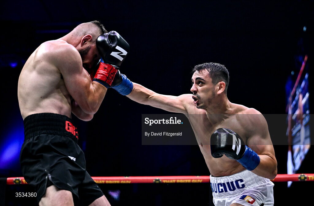 8 August 2026; Daniel Buciuc, right, and Louis Greene during their middleweight bout during the Zuffa Boxing 10 event at the 3Arena in Dublin. Photo by David Fitzgerald/Sportsfile