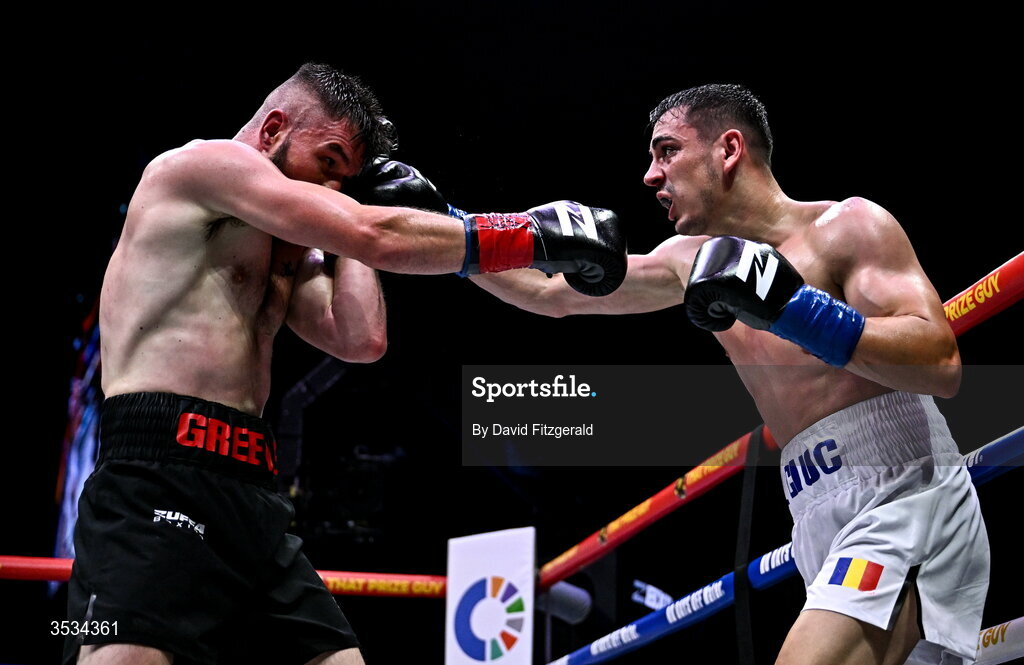 8 August 2026; Daniel Buciuc, right, and Louis Greene during their middleweight bout during the Zuffa Boxing 10 event at the 3Arena in Dublin. Photo by David Fitzgerald/Sportsfile