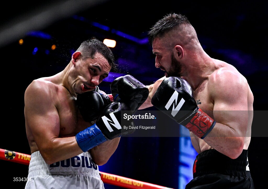 8 August 2026; Louis Greene, right, and Daniel Buciuc during their middleweight bout during the Zuffa Boxing 10 event at the 3Arena in Dublin. Photo by David Fitzgerald/Sportsfile