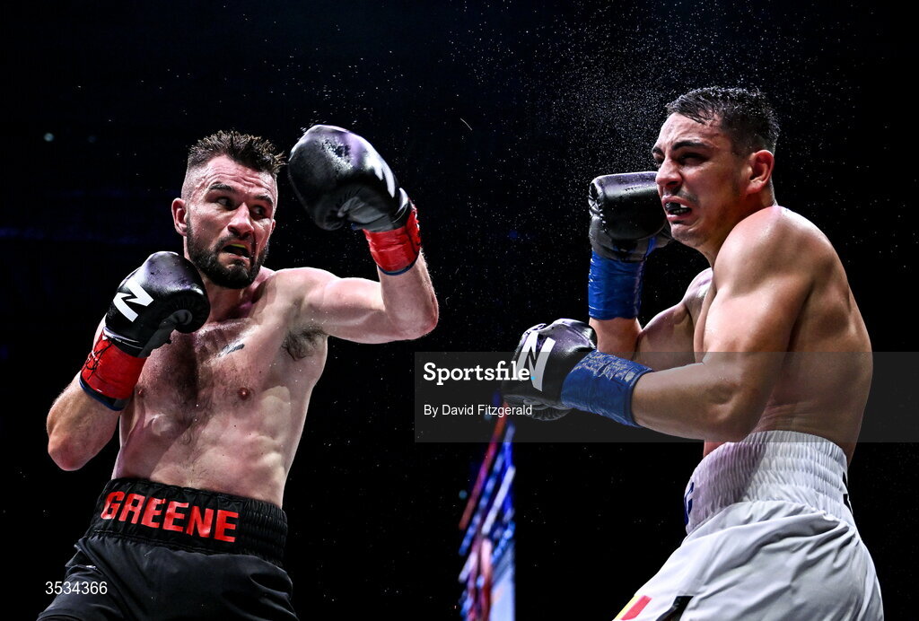 8 August 2026; Louis Greene, left, and Daniel Buciuc during their middleweight bout during the Zuffa Boxing 10 event at the 3Arena in Dublin. Photo by David Fitzgerald/Sportsfile