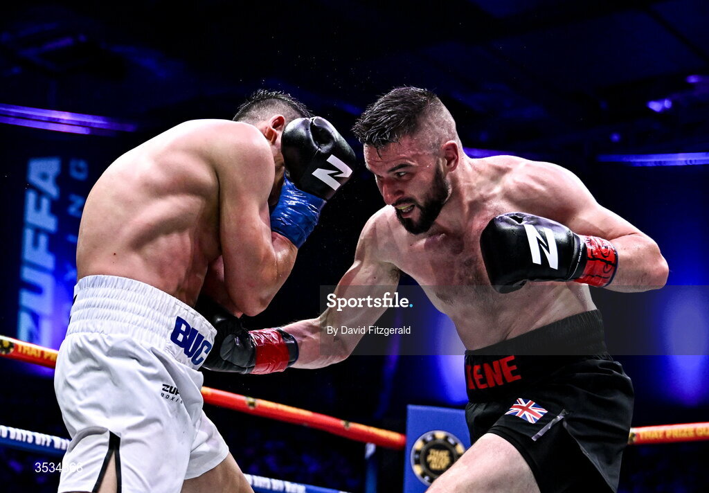 8 August 2026; Louis Greene, right, and Daniel Buciuc during their middleweight bout during the Zuffa Boxing 10 event at the 3Arena in Dublin. Photo by David Fitzgerald/Sportsfile