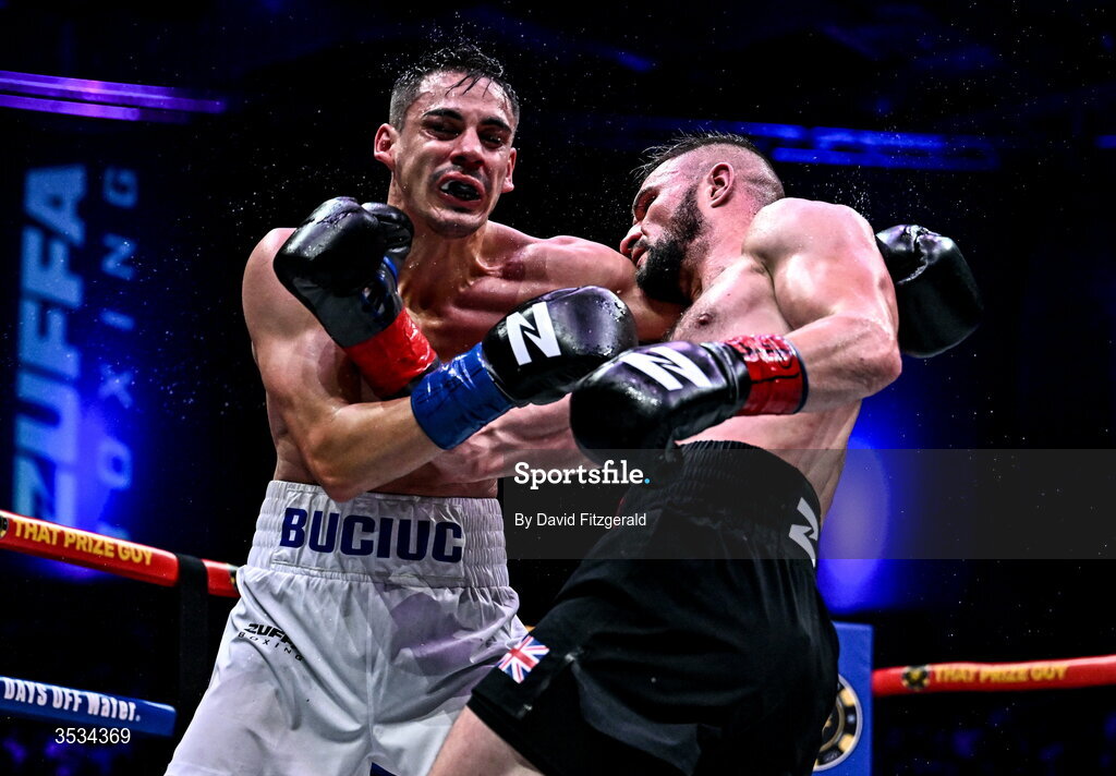 8 August 2026; Daniel Buciuc, left, and Louis Greene during their middleweight bout during the Zuffa Boxing 10 event at the 3Arena in Dublin. Photo by David Fitzgerald/Sportsfile