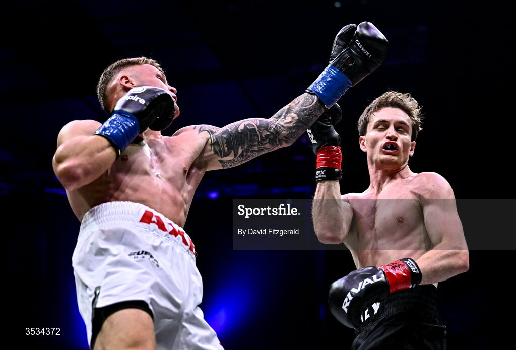 8 August 2026; Brad Axe, right, and Sam Hickey during their middleweight bout during the Zuffa Boxing 10 event at the 3Arena in Dublin. Photo by David Fitzgerald/Sportsfile