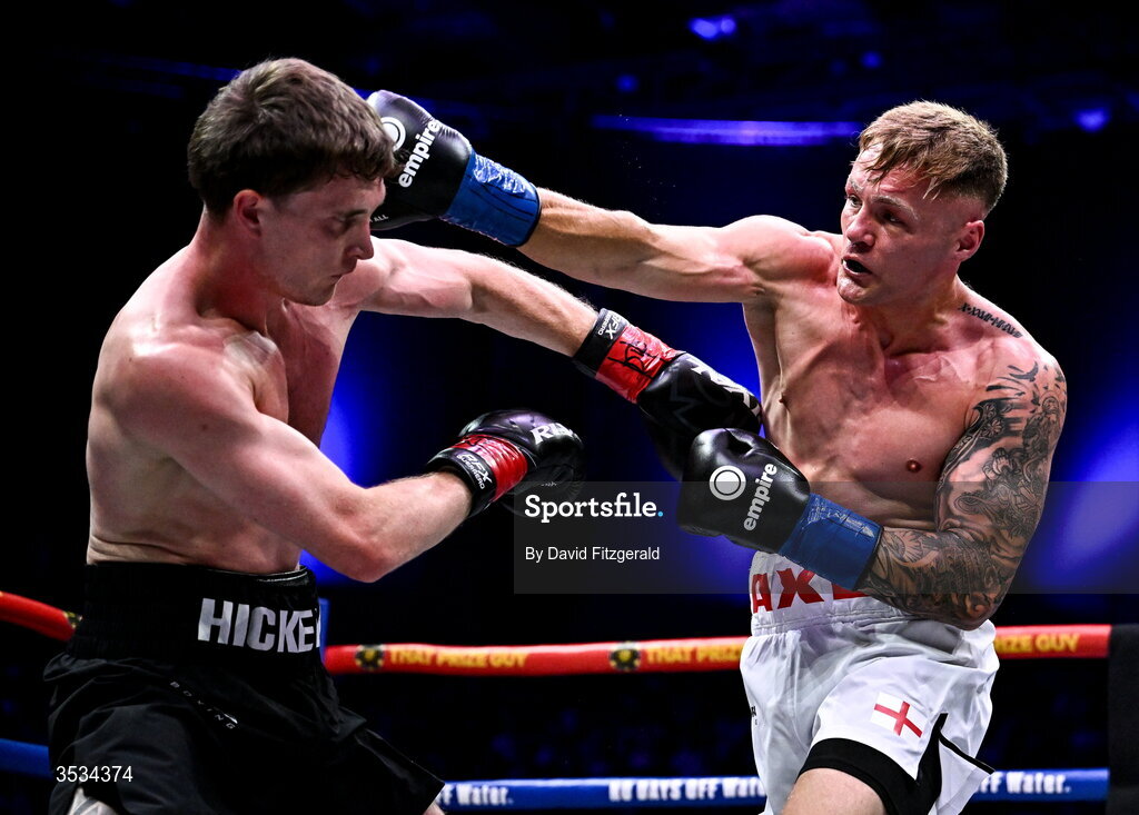 8 August 2026; Brad Axe, right, and Sam Hickey during their middleweight bout during the Zuffa Boxing 10 event at the 3Arena in Dublin. Photo by David Fitzgerald/Sportsfile