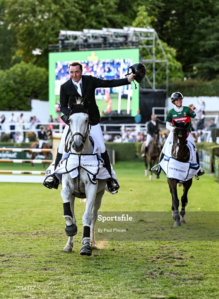 8 August 2026; Joint winner Jordan Coyle after the Defender Puissance during day four of the Gallagher Dublin Horse Show at the RDS in Dublin. Photo by Paul Phelan/Sportsfile