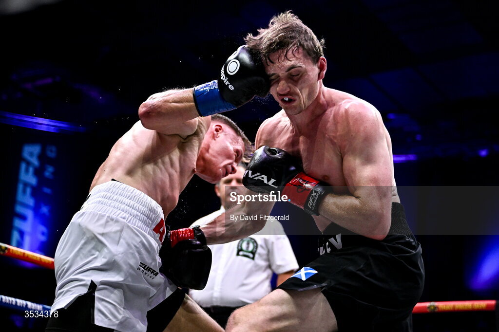 8 August 2026; Brad Axe, left, and Sam Hickey during their middleweight bout during the Zuffa Boxing 10 event at the 3Arena in Dublin. Photo by David Fitzgerald/Sportsfile