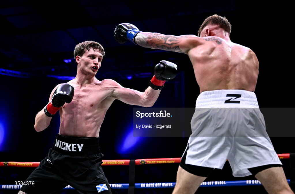 8 August 2026; Sam Hickey, left, and Brad Axe, during their middleweight bout during the Zuffa Boxing 10 event at the 3Arena in Dublin. Photo by David Fitzgerald/Sportsfile