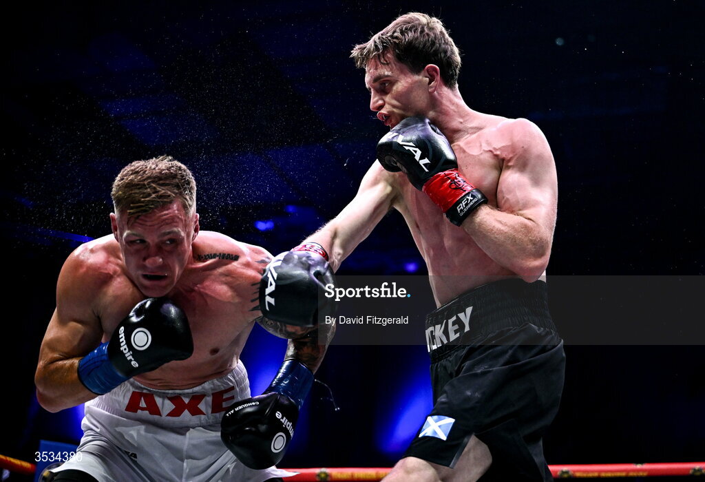 8 August 2026; Sam Hickey, right, and Brad Axe, during their middleweight bout during the Zuffa Boxing 10 event at the 3Arena in Dublin. Photo by David Fitzgerald/Sportsfile