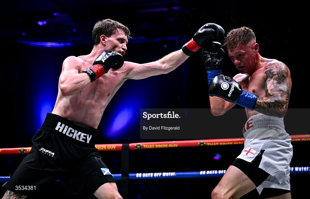 8 August 2026; Sam Hickey, left, and Brad Axe, during their middleweight bout during the Zuffa Boxing 10 event at the 3Arena in Dublin. Photo by David Fitzgerald/Sportsfile