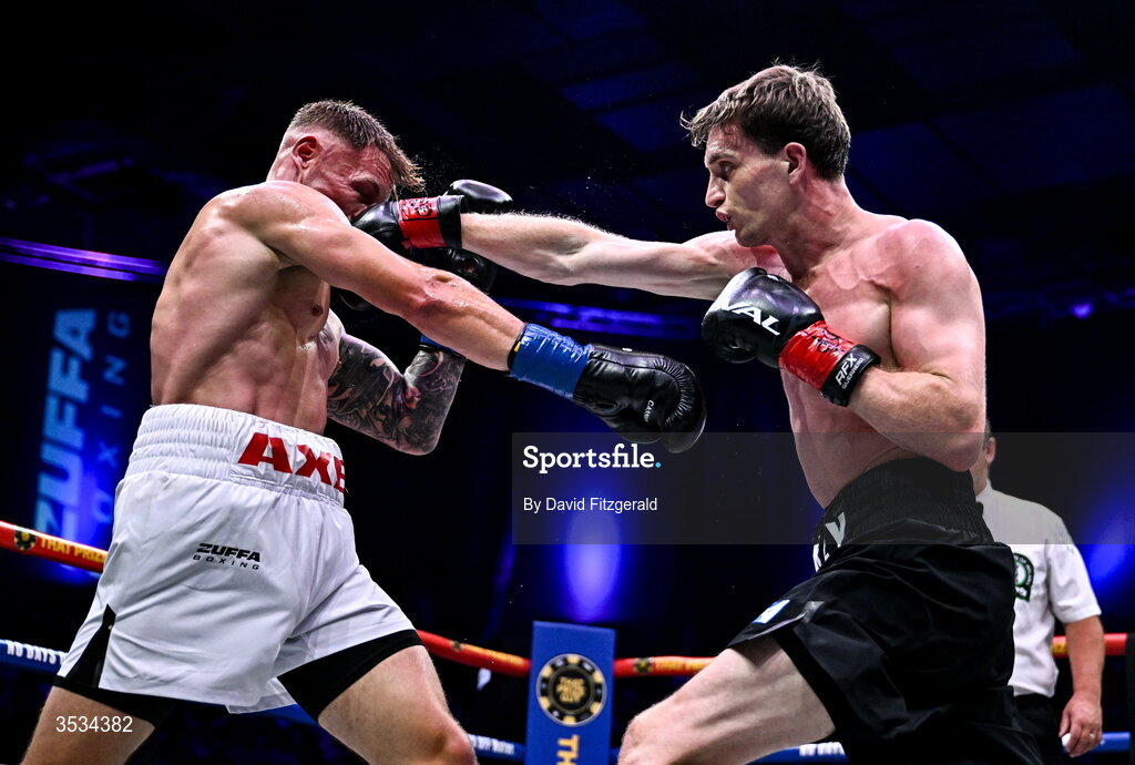8 August 2026; Sam Hickey, right, and Brad Axe, during their middleweight bout during the Zuffa Boxing 10 event at the 3Arena in Dublin. Photo by David Fitzgerald/Sportsfile
