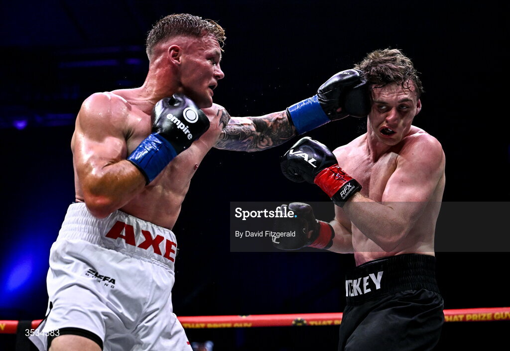 8 August 2026; Brad Axe, left, and Sam Hickey during their middleweight bout during the Zuffa Boxing 10 event at the 3Arena in Dublin. Photo by David Fitzgerald/Sportsfile