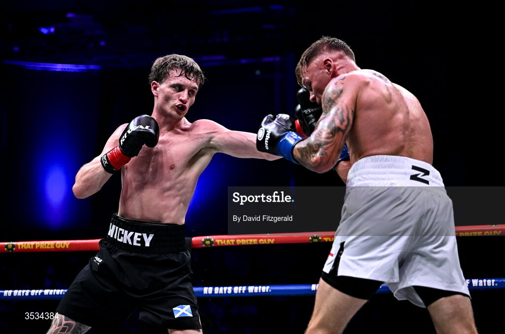 8 August 2026; Sam Hickey, left, and Brad Axe, during their middleweight bout during the Zuffa Boxing 10 event at the 3Arena in Dublin. Photo by David Fitzgerald/Sportsfile