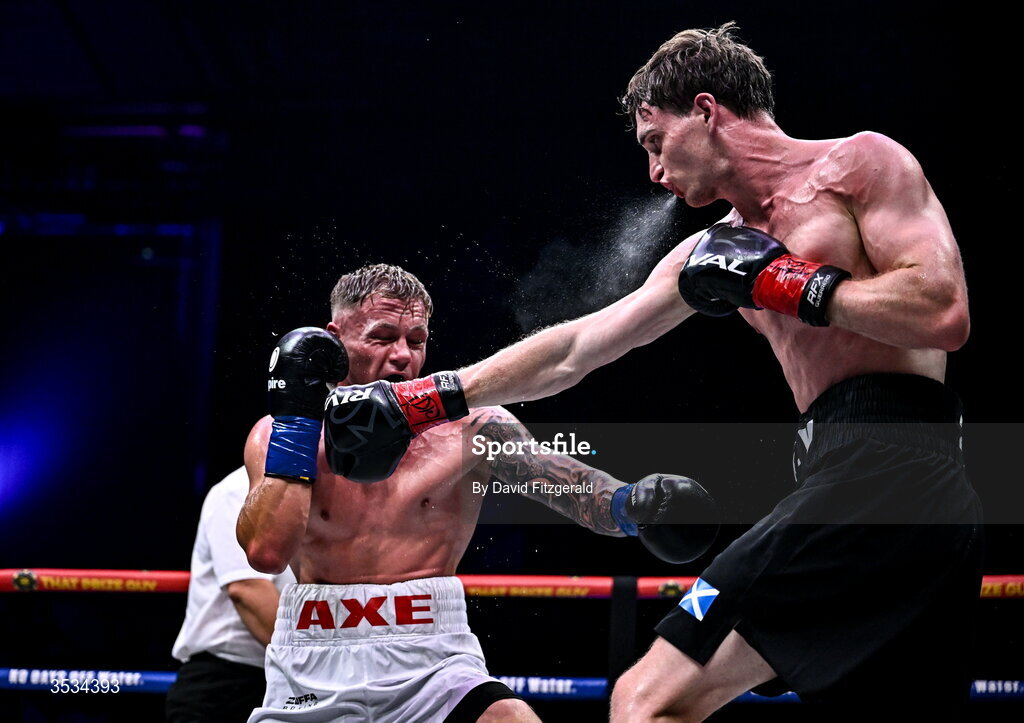 8 August 2026; Sam Hickey, right, and Brad Axe, during their middleweight bout during the Zuffa Boxing 10 event at the 3Arena in Dublin. Photo by David Fitzgerald/Sportsfile