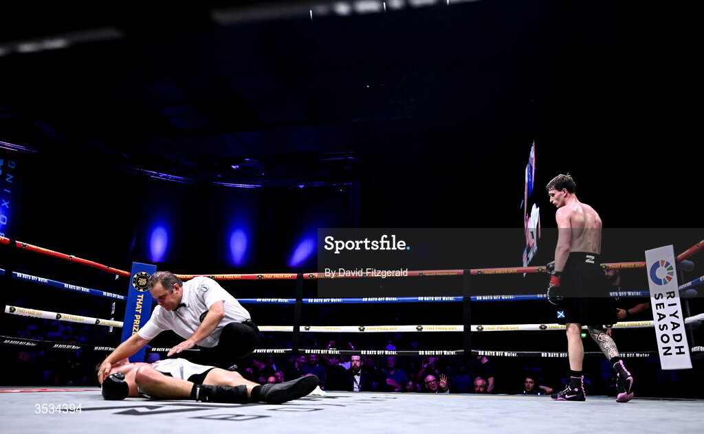 8 August 2026; Sam Hickey, right, looks on as Brad Axe is knocked out, during their middleweight bout during the Zuffa Boxing 10 event at the 3Arena in Dublin. Photo by David Fitzgerald/Sportsfile