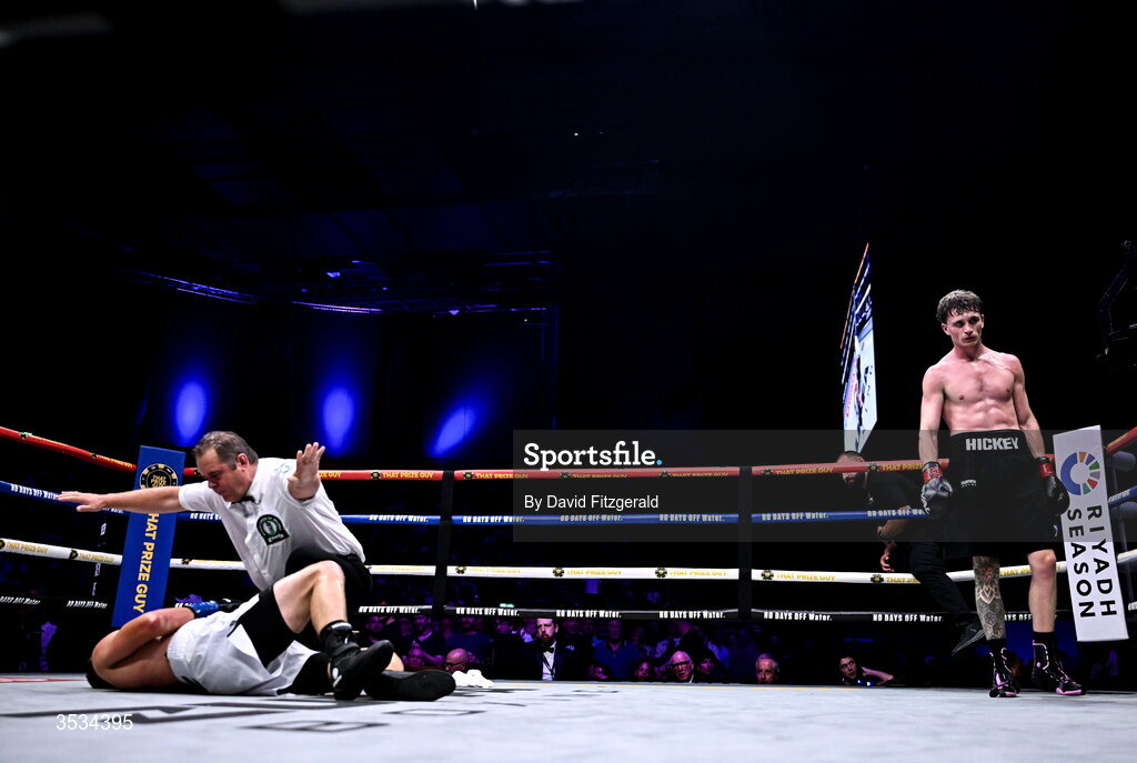 8 August 2026; Sam Hickey, right, looks on as Brad Axe is knocked out, during their middleweight bout during the Zuffa Boxing 10 event at the 3Arena in Dublin. Photo by David Fitzgerald/Sportsfile