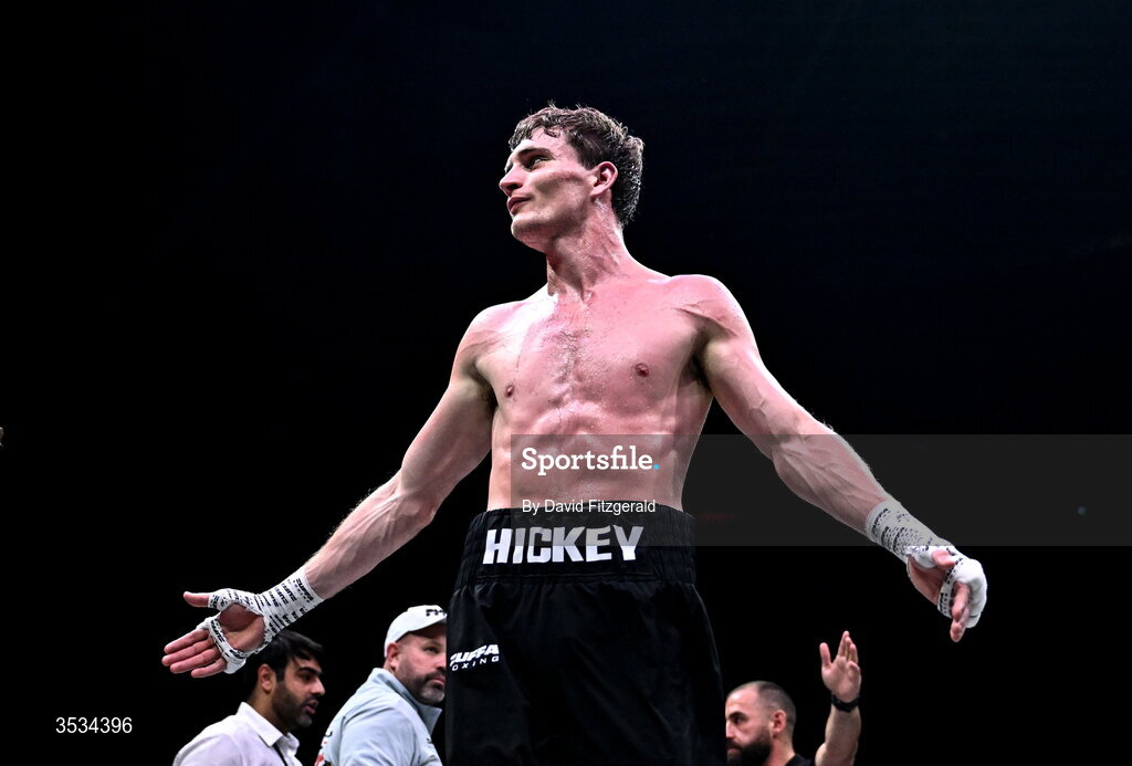 8 August 2026; Sam Hickey after winning the middleweight bout against Brad Axe during the Zuffa Boxing 10 event at the 3Arena in Dublin. Photo by David Fitzgerald/Sportsfile