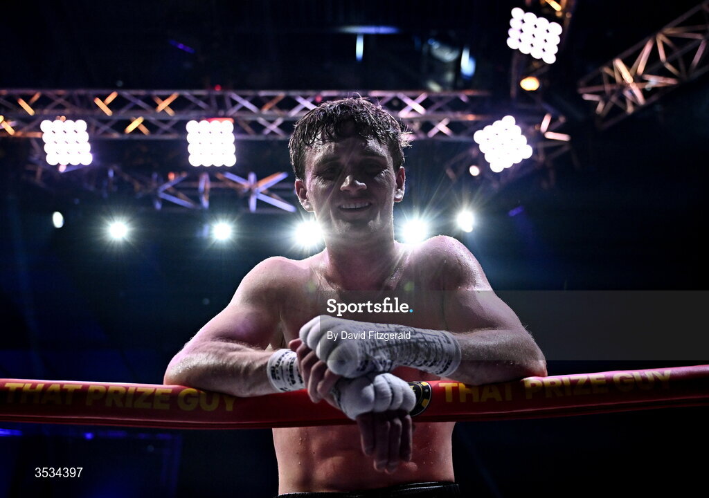 8 August 2026; Sam Hickey after winning his middleweight bout against Brad Axe during the Zuffa Boxing 10 event at the 3Arena in Dublin. Photo by David Fitzgerald/Sportsfile
