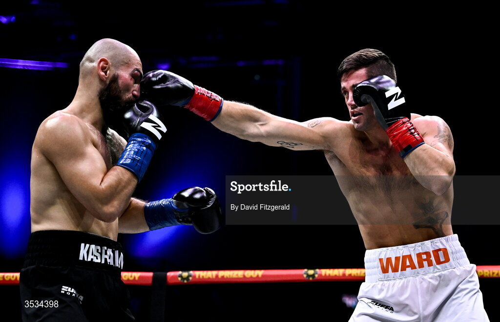 8 August 2026; Joe Ward, right, and Artjom Kasparian, during their light heavyweight bout during the Zuffa Boxing 10 event at the 3Arena in Dublin. Photo by David Fitzgerald/Sportsfile