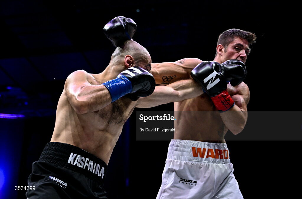 8 August 2026; Artjom Kasparian, left, and Joe Ward during their light heavyweight bout during the Zuffa Boxing 10 event at the 3Arena in Dublin. Photo by David Fitzgerald/Sportsfile