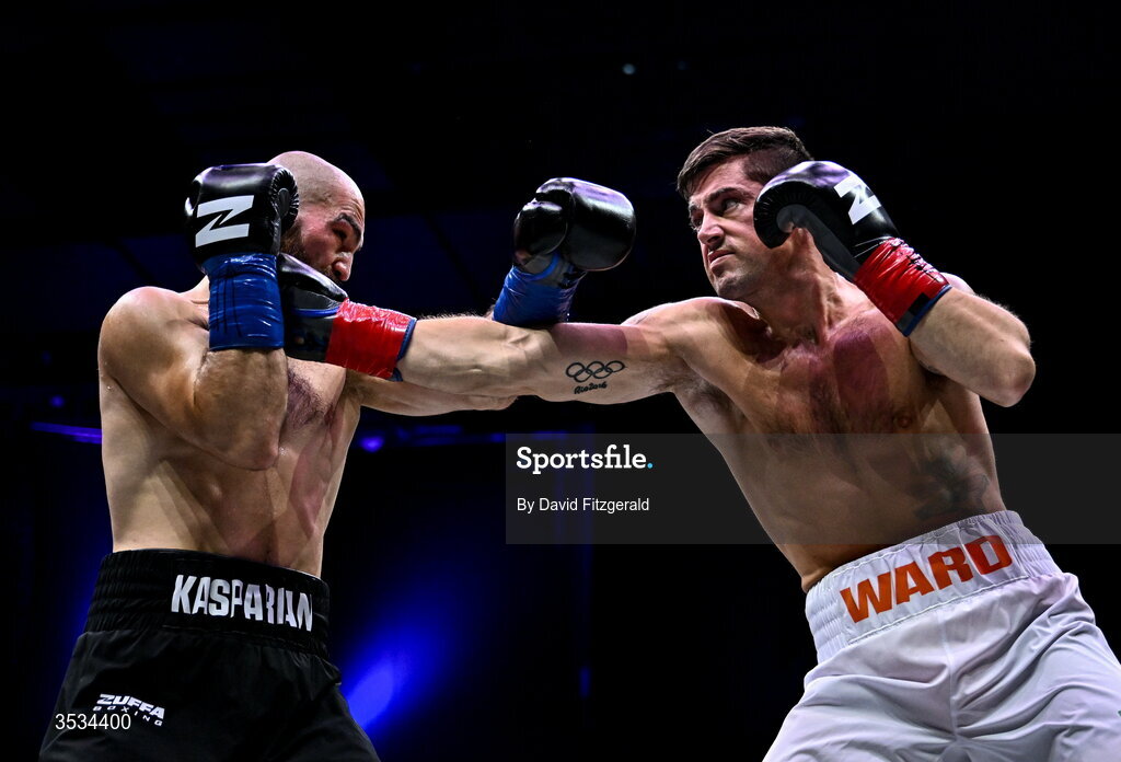 8 August 2026; Joe Ward, right, and Artjom Kasparian, during their light heavyweight bout during the Zuffa Boxing 10 event at the 3Arena in Dublin. Photo by David Fitzgerald/Sportsfile
