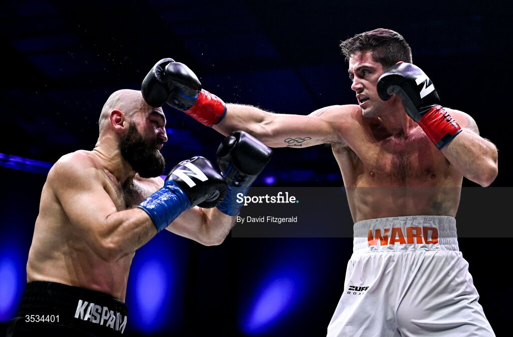 8 August 2026; Joe Ward, right, and Artjom Kasparian, during their light heavyweight bout during the Zuffa Boxing 10 event at the 3Arena in Dublin. Photo by David Fitzgerald/Sportsfile