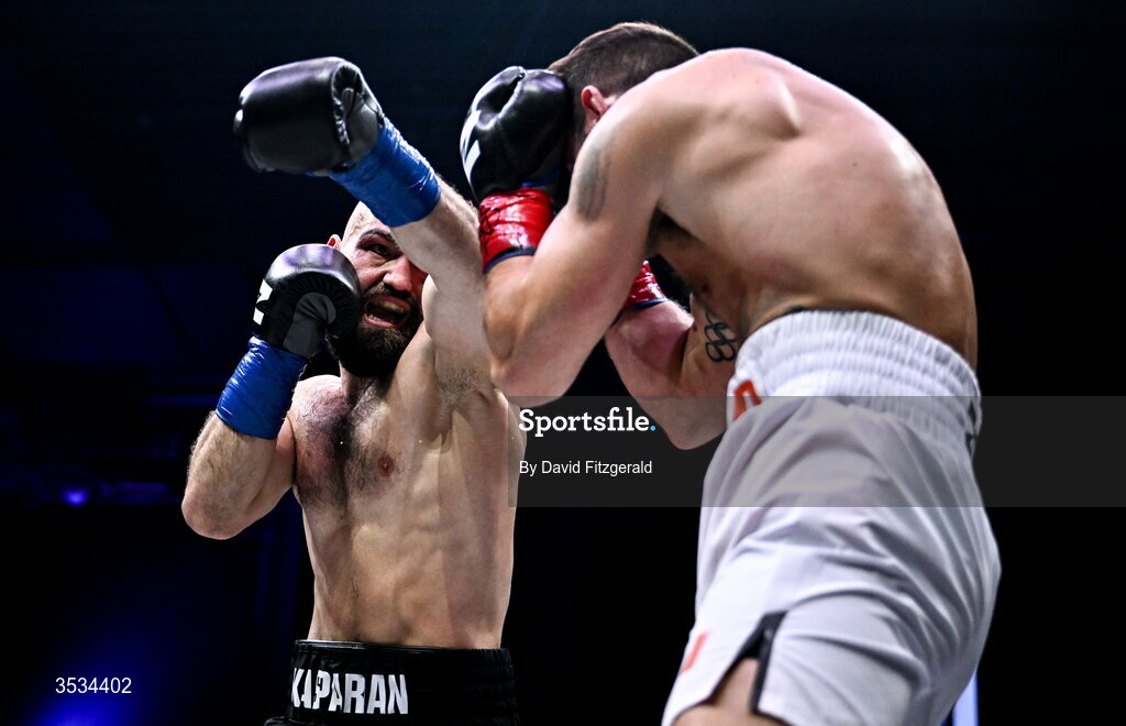 8 August 2026; Artjom Kasparian, left, and Joe Ward during their light heavyweight bout during the Zuffa Boxing 10 event at the 3Arena in Dublin. Photo by David Fitzgerald/Sportsfile