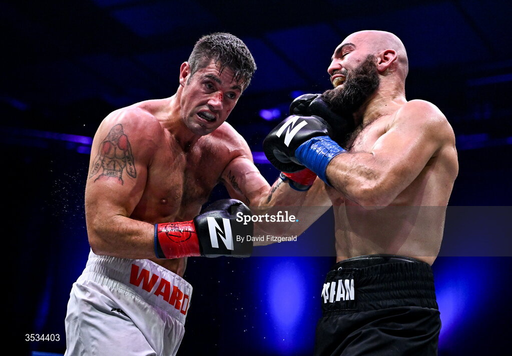 8 August 2026; Joe Ward, left, and Artjom Kasparian, during their light heavyweight bout during the Zuffa Boxing 10 event at the 3Arena in Dublin. Photo by David Fitzgerald/Sportsfile