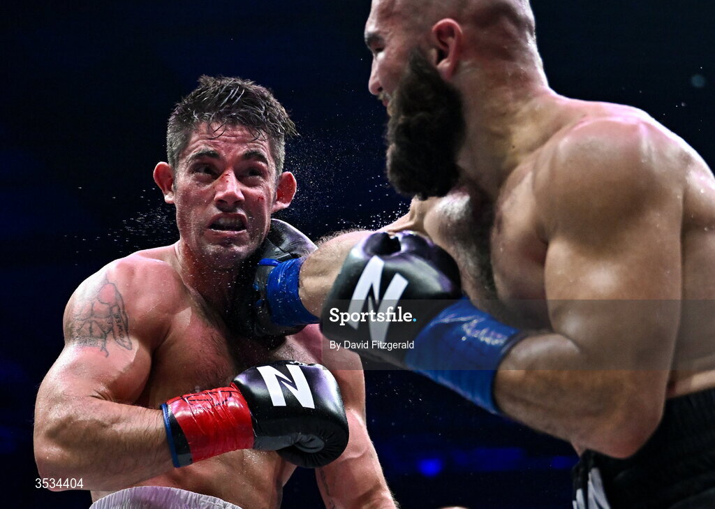 8 August 2026; Joe Ward, left, and Artjom Kasparian, during their light heavyweight bout during the Zuffa Boxing 10 event at the 3Arena in Dublin. Photo by David Fitzgerald/Sportsfile