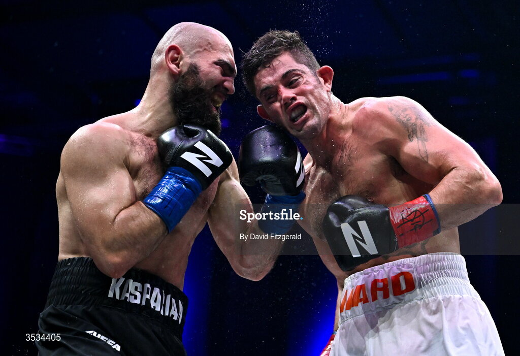 8 August 2026; Artjom Kasparian, left, and Joe Ward during their light heavyweight bout during the Zuffa Boxing 10 event at the 3Arena in Dublin. Photo by David Fitzgerald/Sportsfile