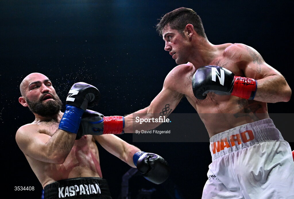 8 August 2026; Joe Ward, right, and Artjom Kasparian, during their light heavyweight bout during the Zuffa Boxing 10 event at the 3Arena in Dublin. Photo by David Fitzgerald/Sportsfile