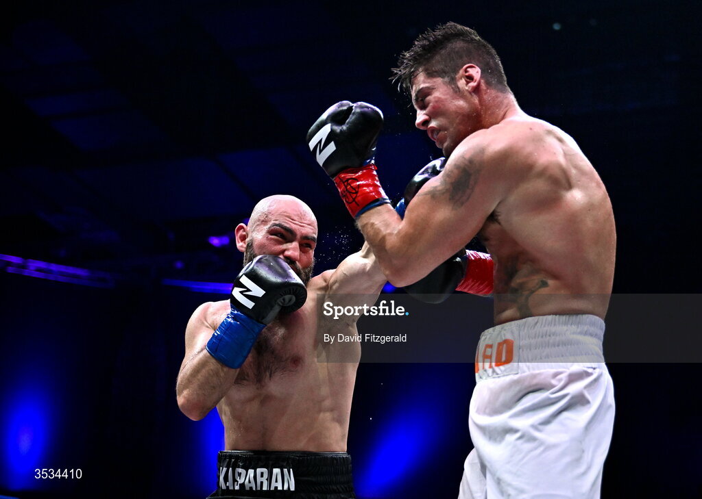 8 August 2026; Artjom Kasparian, left, and Joe Ward during their light heavyweight bout during the Zuffa Boxing 10 event at the 3Arena in Dublin. Photo by David Fitzgerald/Sportsfile