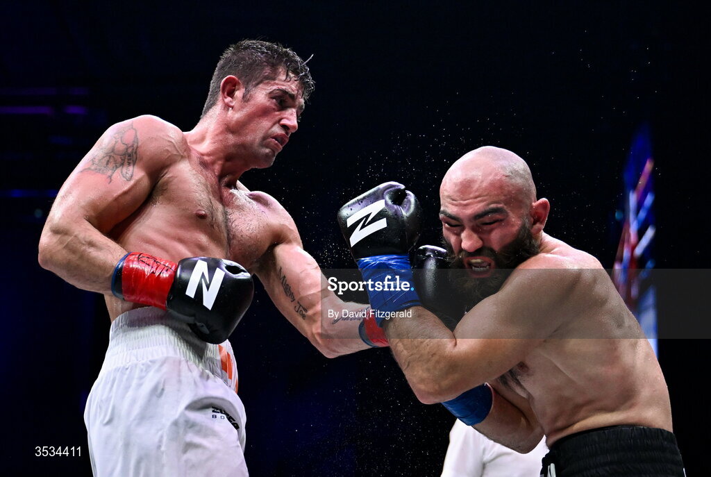 8 August 2026; Joe Ward, left, and Artjom Kasparian, during their light heavyweight bout during the Zuffa Boxing 10 event at the 3Arena in Dublin. Photo by David Fitzgerald/Sportsfile