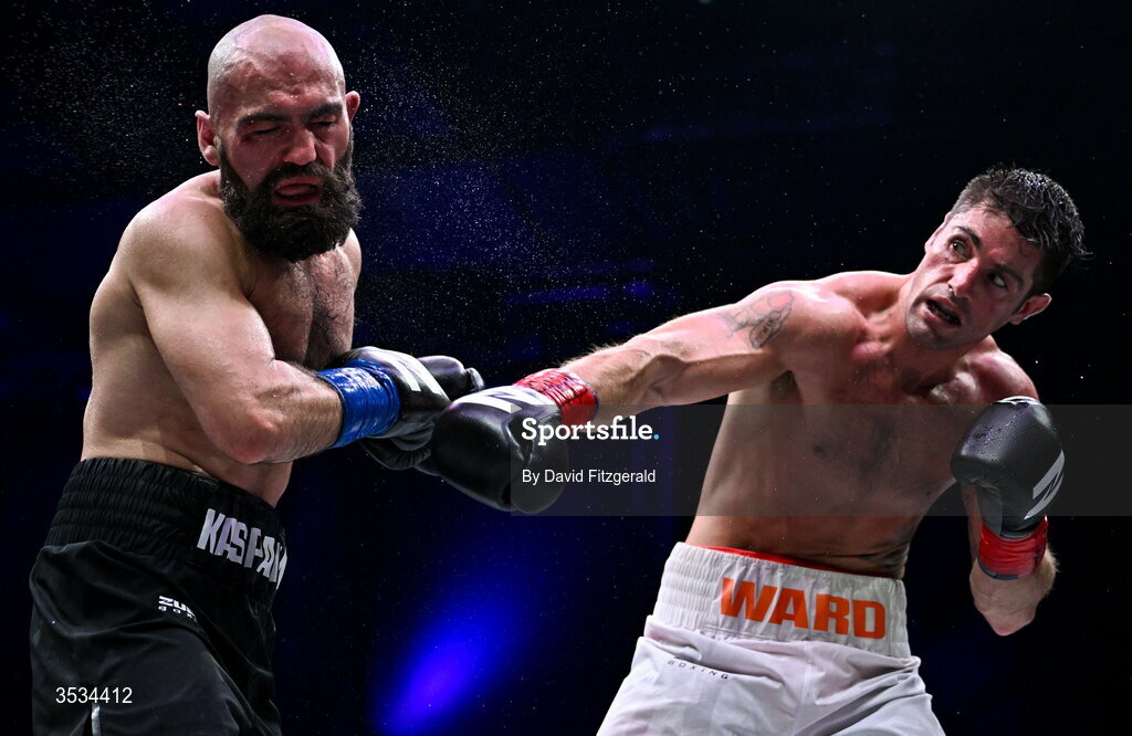 8 August 2026; Joe Ward, right, and Artjom Kasparian, during their light heavyweight bout during the Zuffa Boxing 10 event at the 3Arena in Dublin. Photo by David Fitzgerald/Sportsfile