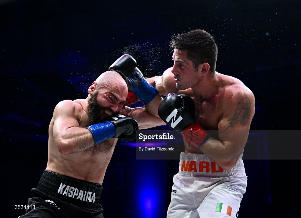 8 August 2026; Joe Ward, right, and Artjom Kasparian, during their light heavyweight bout during the Zuffa Boxing 10 event at the 3Arena in Dublin. Photo by David Fitzgerald/Sportsfile