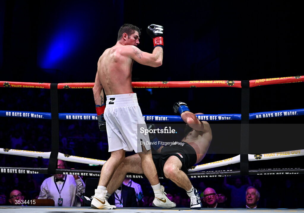 8 August 2026; Joe Ward, left, and Artjom Kasparian, during their light heavyweight bout during the Zuffa Boxing 10 event at the 3Arena in Dublin. Photo by David Fitzgerald/Sportsfile