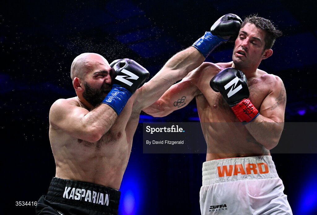 8 August 2026; Artjom Kasparian, left, and Joe Ward during their light heavyweight bout during the Zuffa Boxing 10 event at the 3Arena in Dublin. Photo by David Fitzgerald/Sportsfile