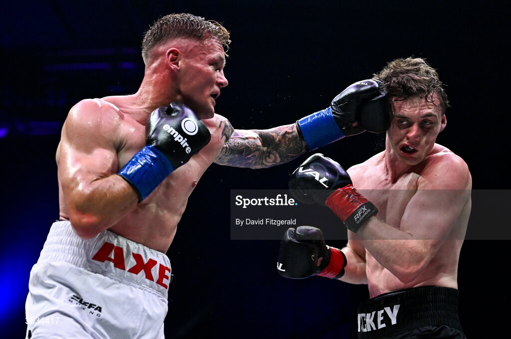 8 August 2026; Brad Axe, left, and Sam Hickey during their middleweight bout during the Zuffa Boxing 10 event at the 3Arena in Dublin. Photo by David Fitzgerald/Sportsfile