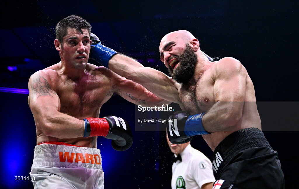 8 August 2026; Joe Ward, left, and Artjom Kasparian, during their light heavyweight bout during the Zuffa Boxing 10 event at the 3Arena in Dublin. Photo by David Fitzgerald/Sportsfile