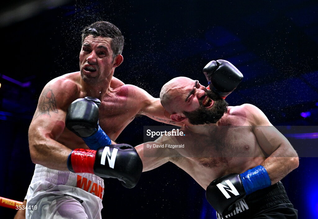 8 August 2026; Joe Ward, left, and Artjom Kasparian, during their light heavyweight bout during the Zuffa Boxing 10 event at the 3Arena in Dublin. Photo by David Fitzgerald/Sportsfile