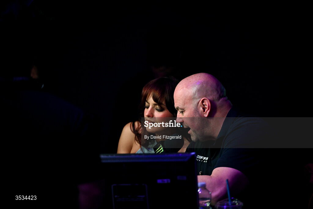 8 August 2026; UFC president Dana White and Nina Marie Daniele during the Zuffa Boxing 10 event at the 3Arena in Dublin. Photo by David Fitzgerald/Sportsfile