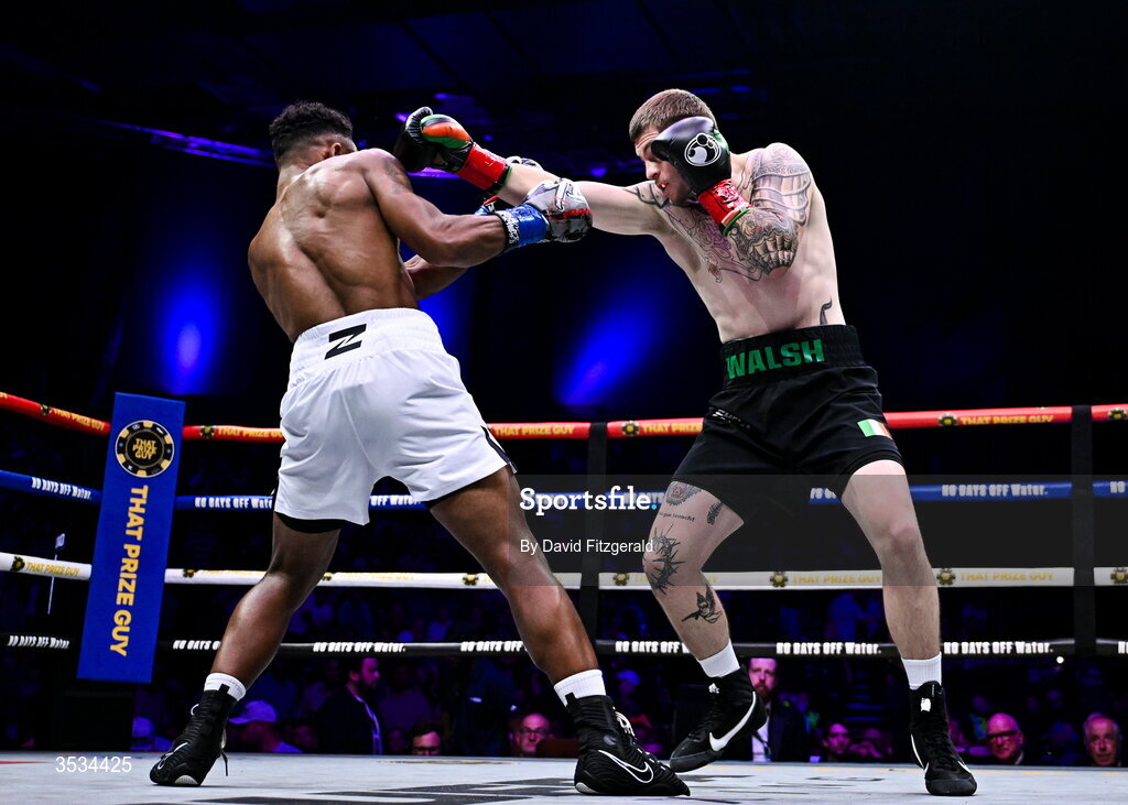 8 August 2026; Callum Walsh, right, and Tyler Denny during their middleweight bout during the Zuffa Boxing 10 event at the 3Arena in Dublin. Photo by David Fitzgerald/Sportsfile
