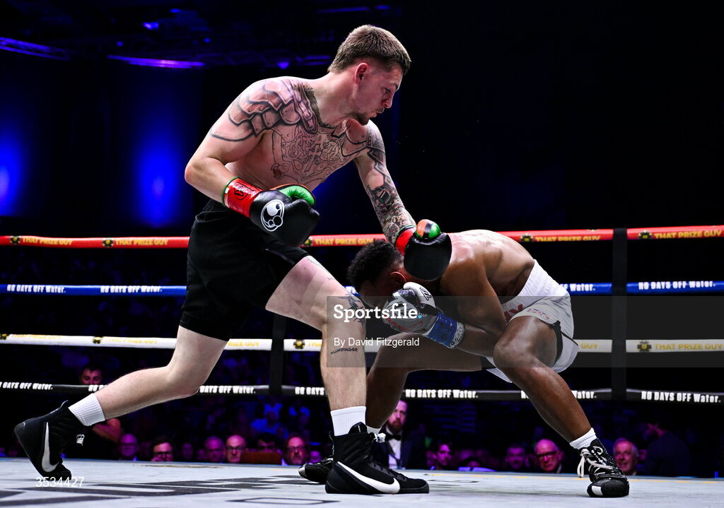 8 August 2026; Callum Walsh, left, and Tyler Denny during their middleweight bout during the Zuffa Boxing 10 event at the 3Arena in Dublin. Photo by David Fitzgerald/Sportsfile