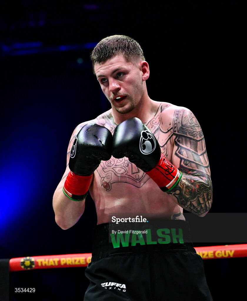 8 August 2026; Callum Walsh during his middleweight bout during the Zuffa Boxing 10 event at the 3Arena in Dublin. Photo by David Fitzgerald/Sportsfile