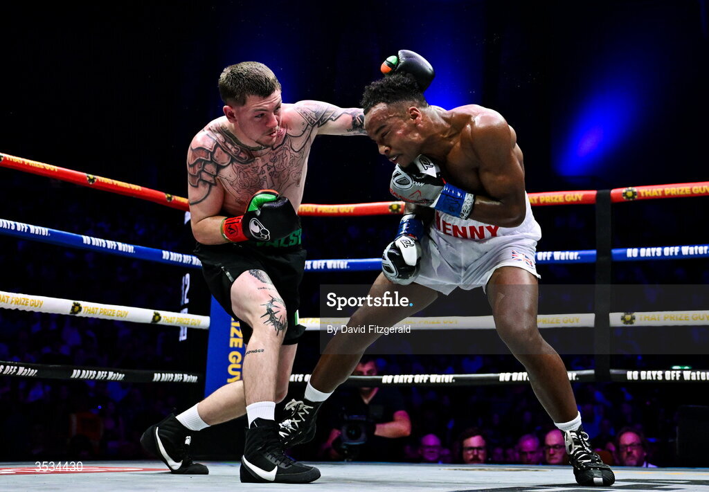 8 August 2026; Callum Walsh, left, and Tyler Denny during their middleweight bout during the Zuffa Boxing 10 event at the 3Arena in Dublin. Photo by David Fitzgerald/Sportsfile