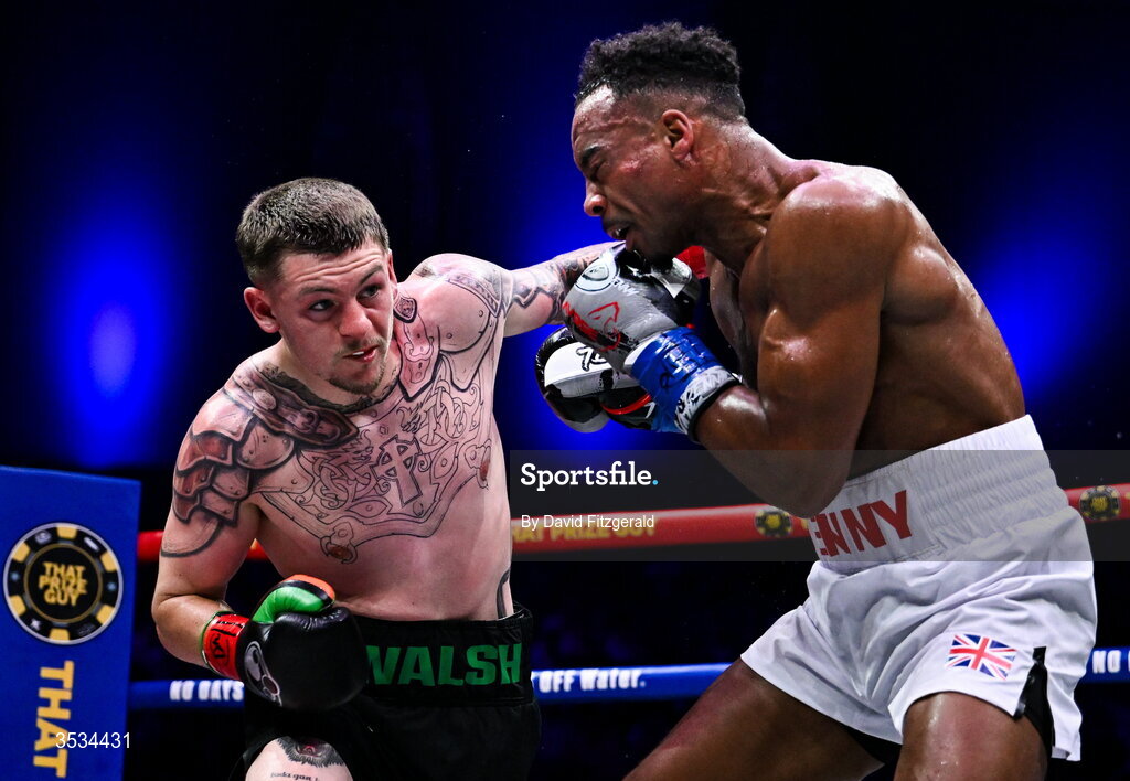 8 August 2026; Callum Walsh, left, and Tyler Denny during their middleweight bout during the Zuffa Boxing 10 event at the 3Arena in Dublin. Photo by David Fitzgerald/Sportsfile