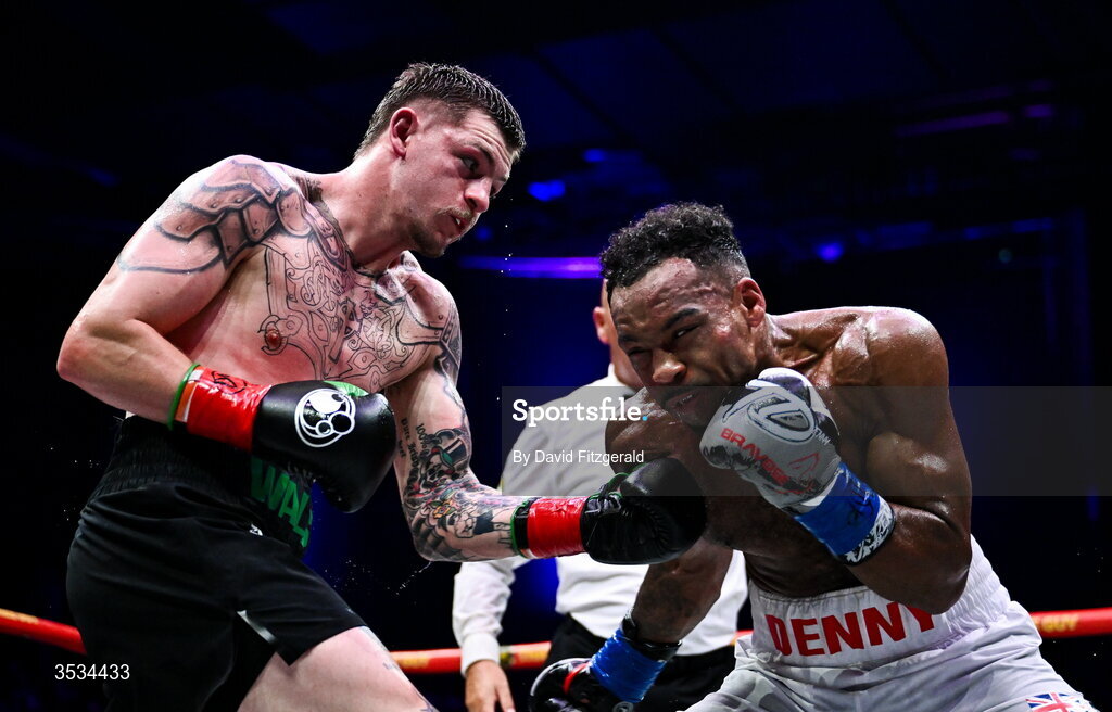 8 August 2026; Callum Walsh, left, and Tyler Denny during their middleweight bout during the Zuffa Boxing 10 event at the 3Arena in Dublin. Photo by David Fitzgerald/Sportsfile