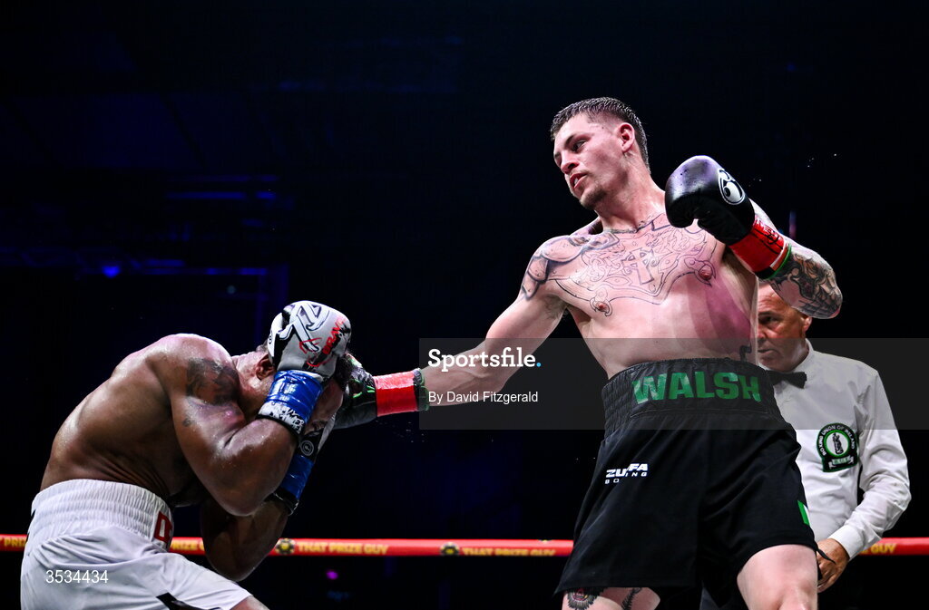 8 August 2026; Callum Walsh, right, and Tyler Denny during their middleweight bout during the Zuffa Boxing 10 event at the 3Arena in Dublin. Photo by David Fitzgerald/Sportsfile