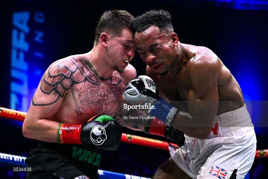 8 August 2026; Callum Walsh, left, and Tyler Denny during their middleweight bout during the Zuffa Boxing 10 event at the 3Arena in Dublin. Photo by David Fitzgerald/Sportsfile