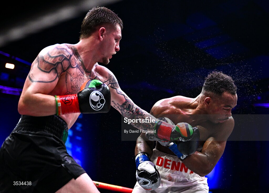 8 August 2026; Callum Walsh, left, and Tyler Denny during their middleweight bout during the Zuffa Boxing 10 event at the 3Arena in Dublin. Photo by David Fitzgerald/Sportsfile