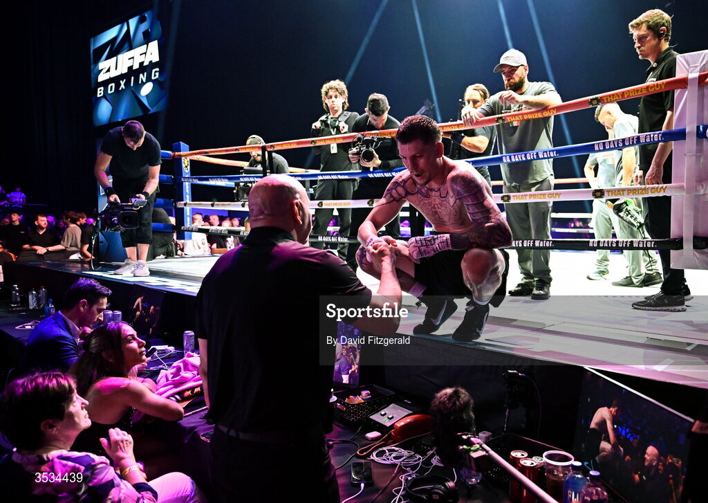 8 August 2026; Callum Walsh speaks to UFC president Dana White after winning the middleweight bout against Tyler Denny during the Zuffa Boxing 10 event at the 3Arena in Dublin. Photo by David Fitzgerald/Sportsfile